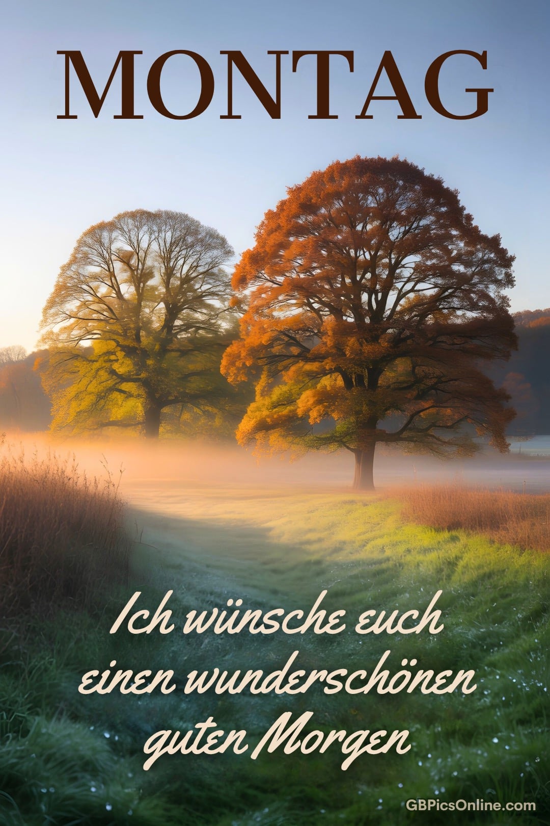 Herbstliche Bäume bei Sonnenaufgang mit Nebel und dem Schriftzug „Montag“
