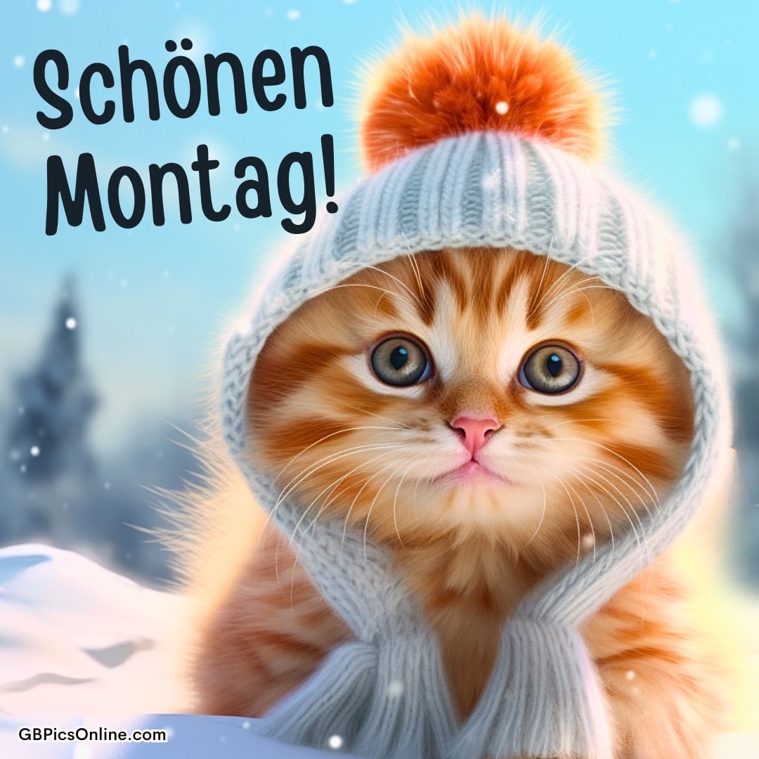 Süßes rotes Kätzchen mit Wintermütze im Schnee, daneben der Text „Schönen Montag!“