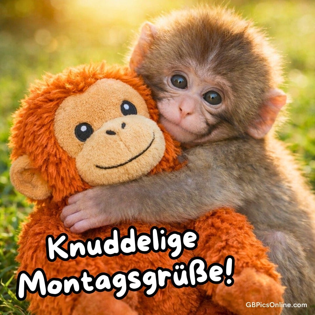 Ein kleines Äffchen kuschelt ein orangefarbenes Stofftier im warmen Sonnenlicht; Text: „Knuddelige Montagsgrüße!“