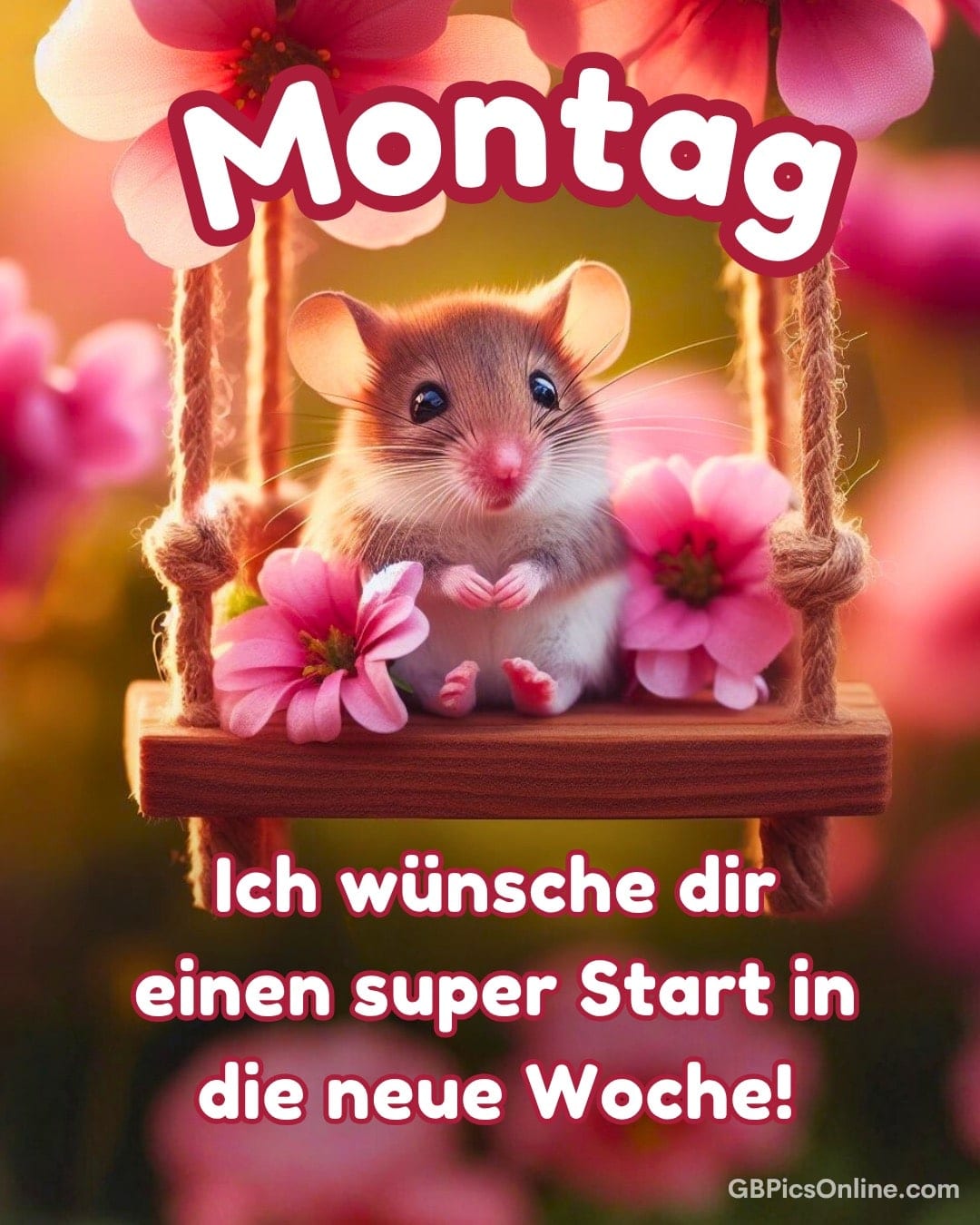 Süße Maus auf einer Holzschaukel zwischen rosa Blüten; Text: „Montag - Ich wünsche dir einen super Start in die neue Woche!“