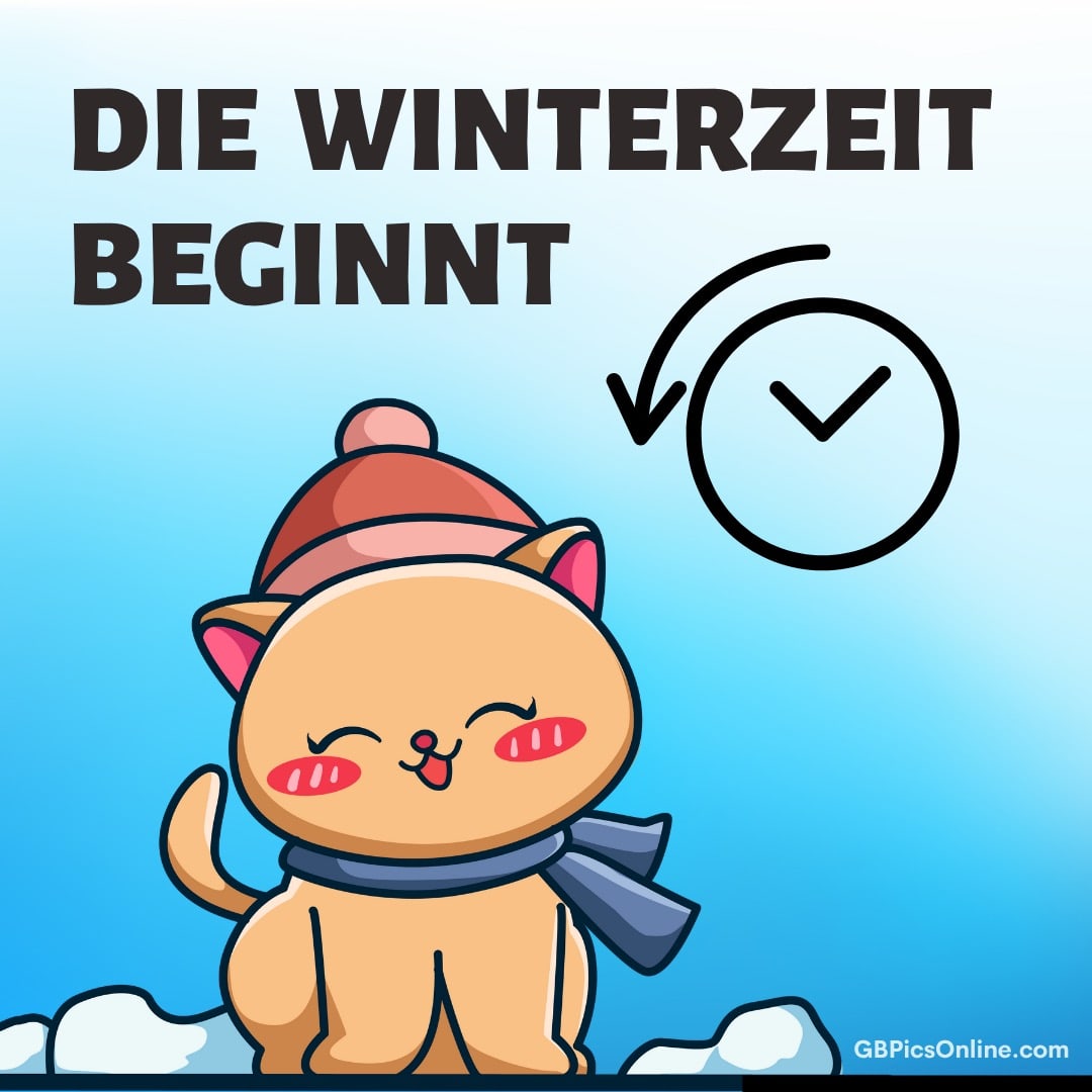 Eine glückliche Katze mit Mütze und Schal freut sich über den Winterbeginn
