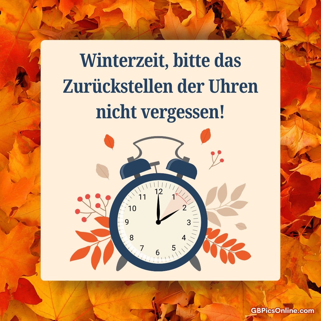 Herbstlaub umgibt eine Uhr, Text erinnert an Zeitumstellung