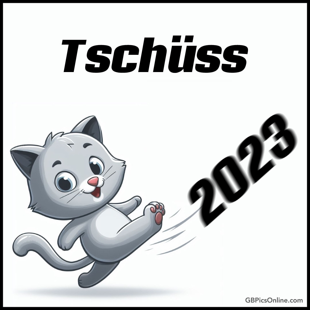 Eine Zeichnung zeigt eine Katze, die „Tschüss 2023“ sagt