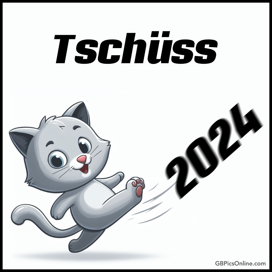 Eine Zeichnung zeigt eine Katze, die „Tschüss 2024“ sagt