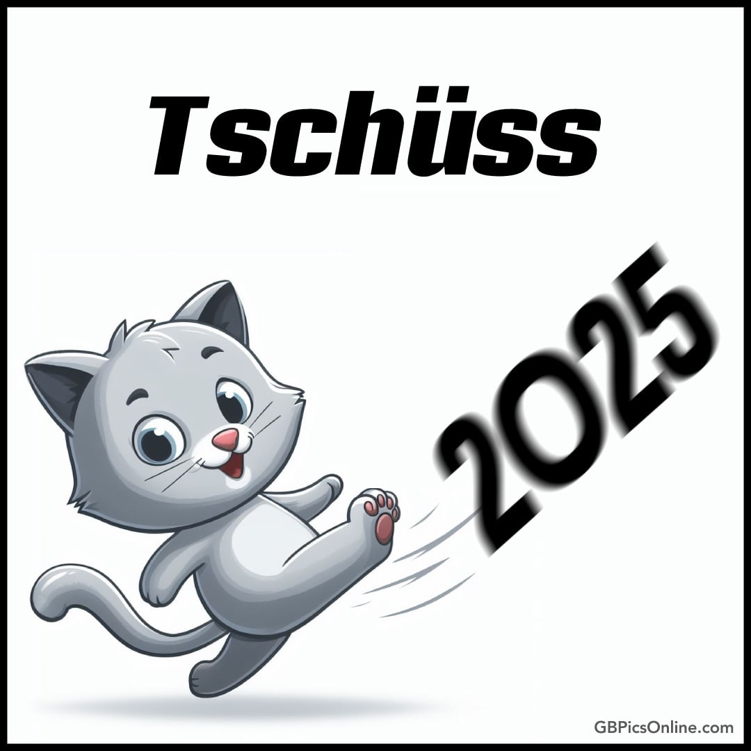 Eine Zeichnung zeigt eine Katze, die „Tschüss 2025“ sagt