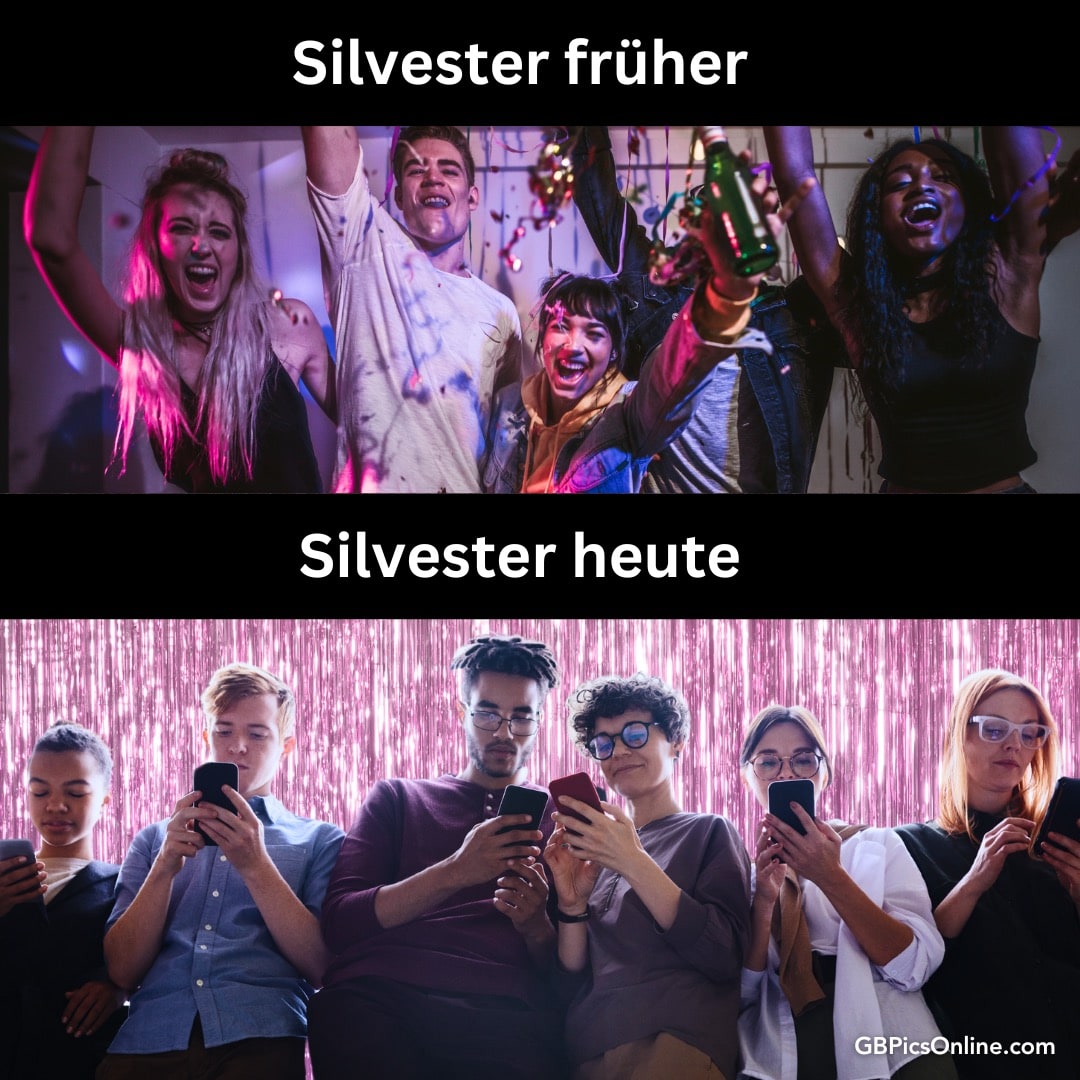 Oben: Ausgelassene Silvesterparty. Unten: Gäste starren auf Handys