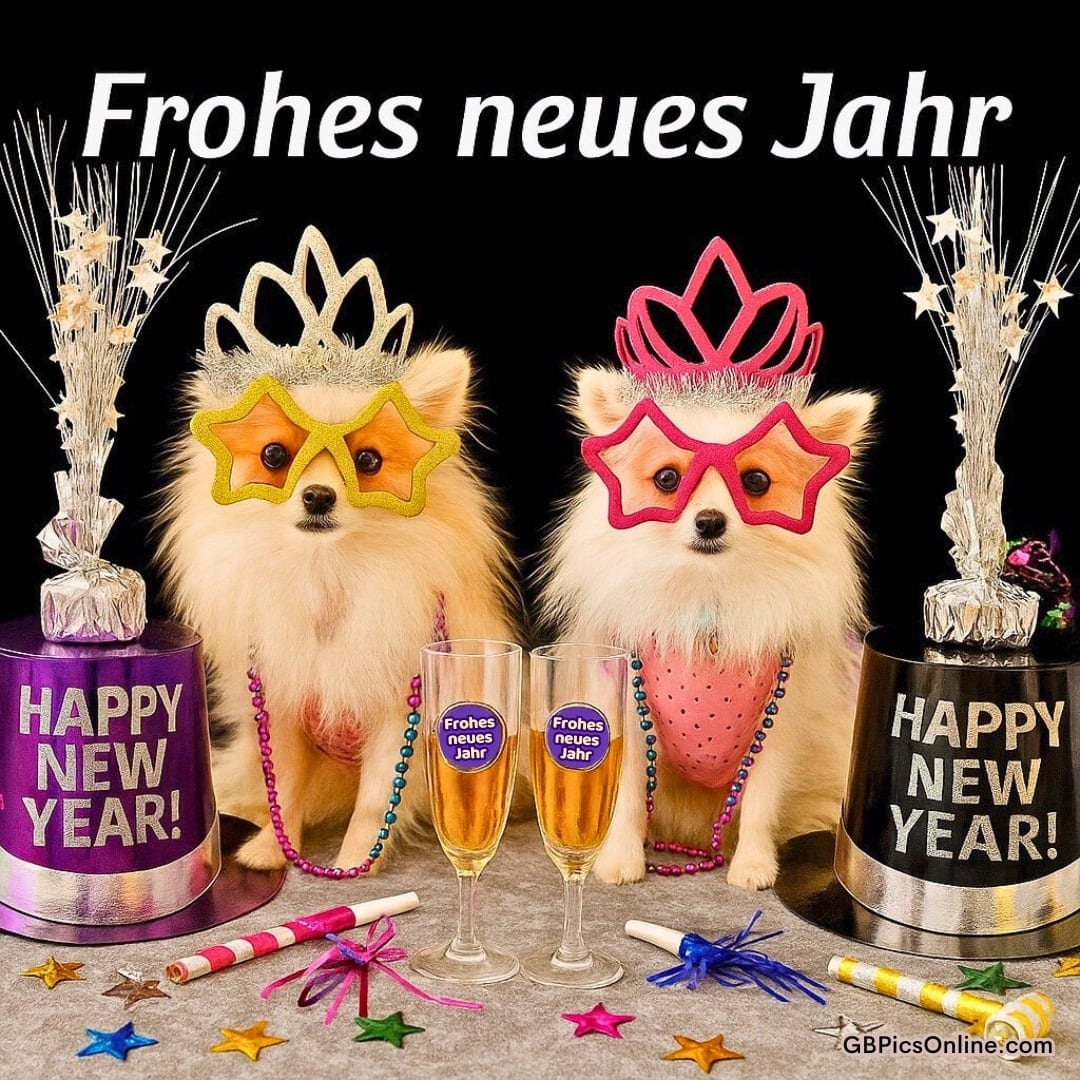 Zwei verkleidete Pomeranians mit Partyhüten, Sternbrillen und Deko wünschen frohes neues Jahr