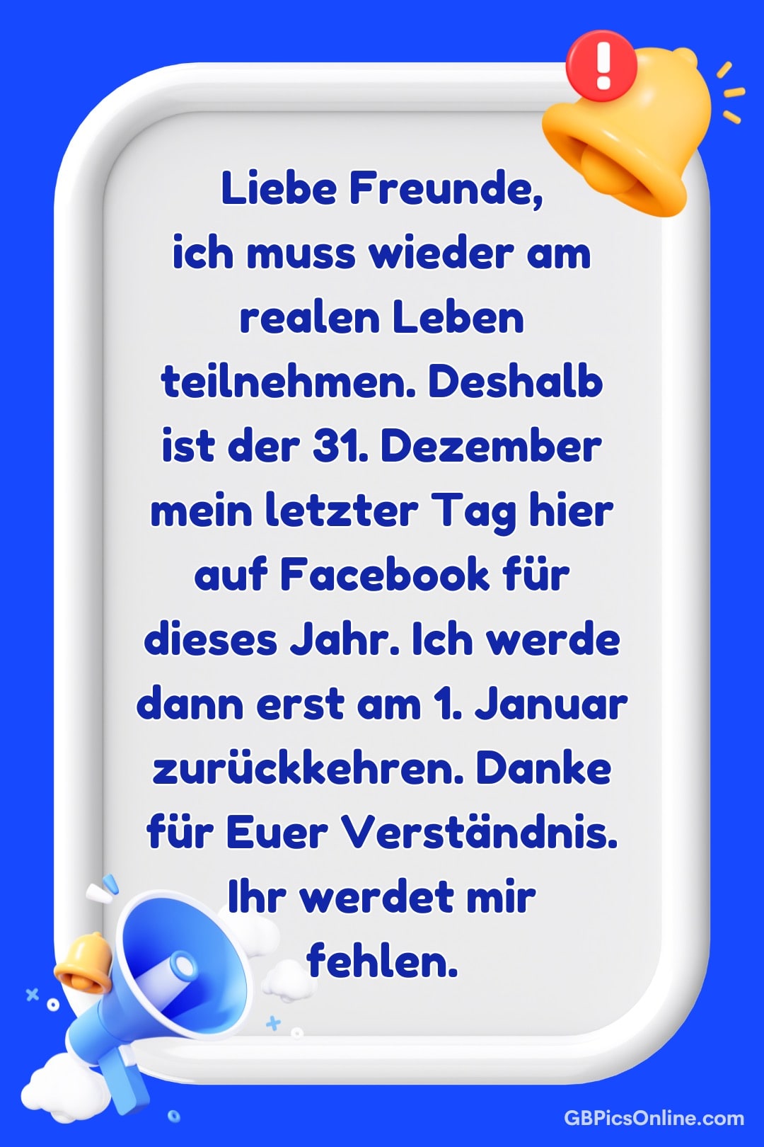 Texttafel mit Ankündigung einer Facebook-Pause bis 1. Januar, mit Glocke und Megafon auf blauem Hintergrund