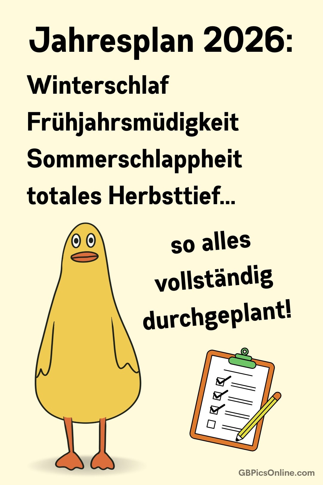 Cartoon-Ente neben Checkliste; Text über Jahresplan 2026 mit Winterschlaf, Müdigkeit und Herbsttief