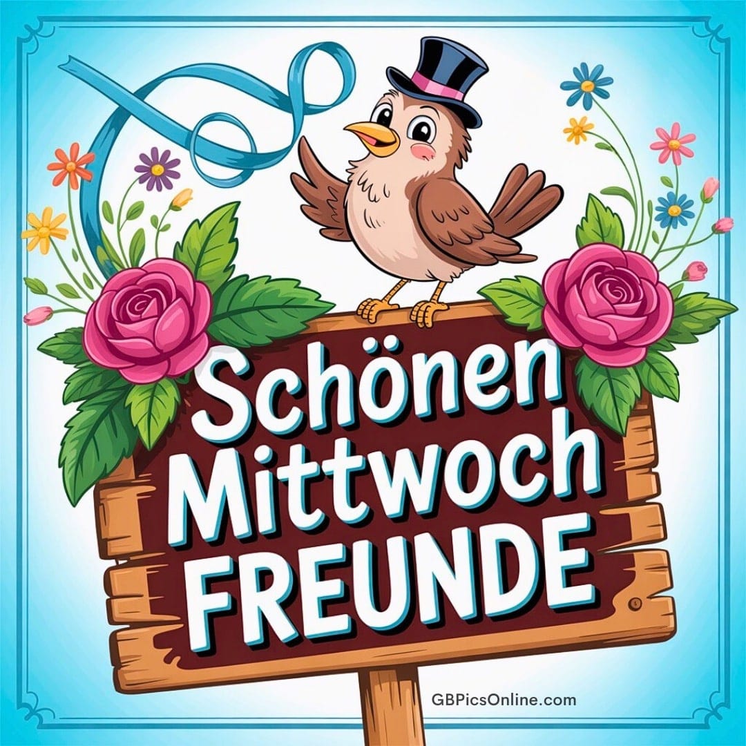 Ein Vogel mit Hut grüßt neben einem Schild, das „Schönen Mittwoch Freunde“ wünscht