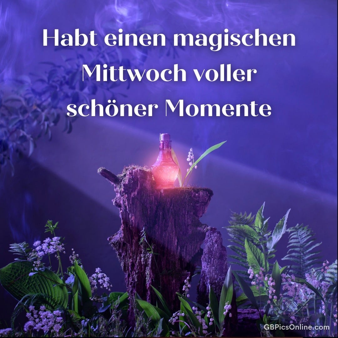 Leuchtender Zaubertrank auf einem Baumstumpf, umgeben von Pflanzen und Nebel