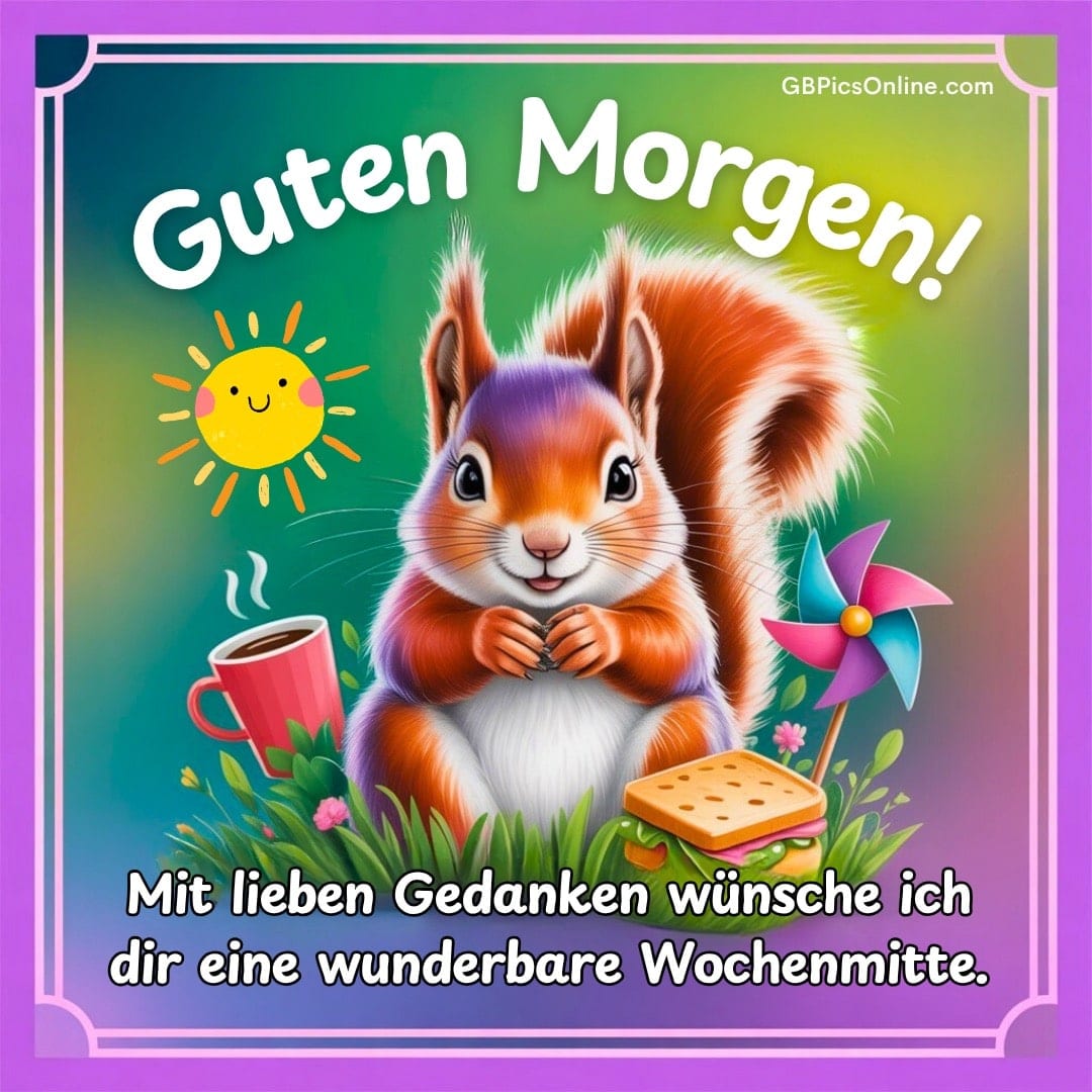 Fröhliches Eichhörnchen mit Kaffee und Keks wünscht „Guten Morgen!“