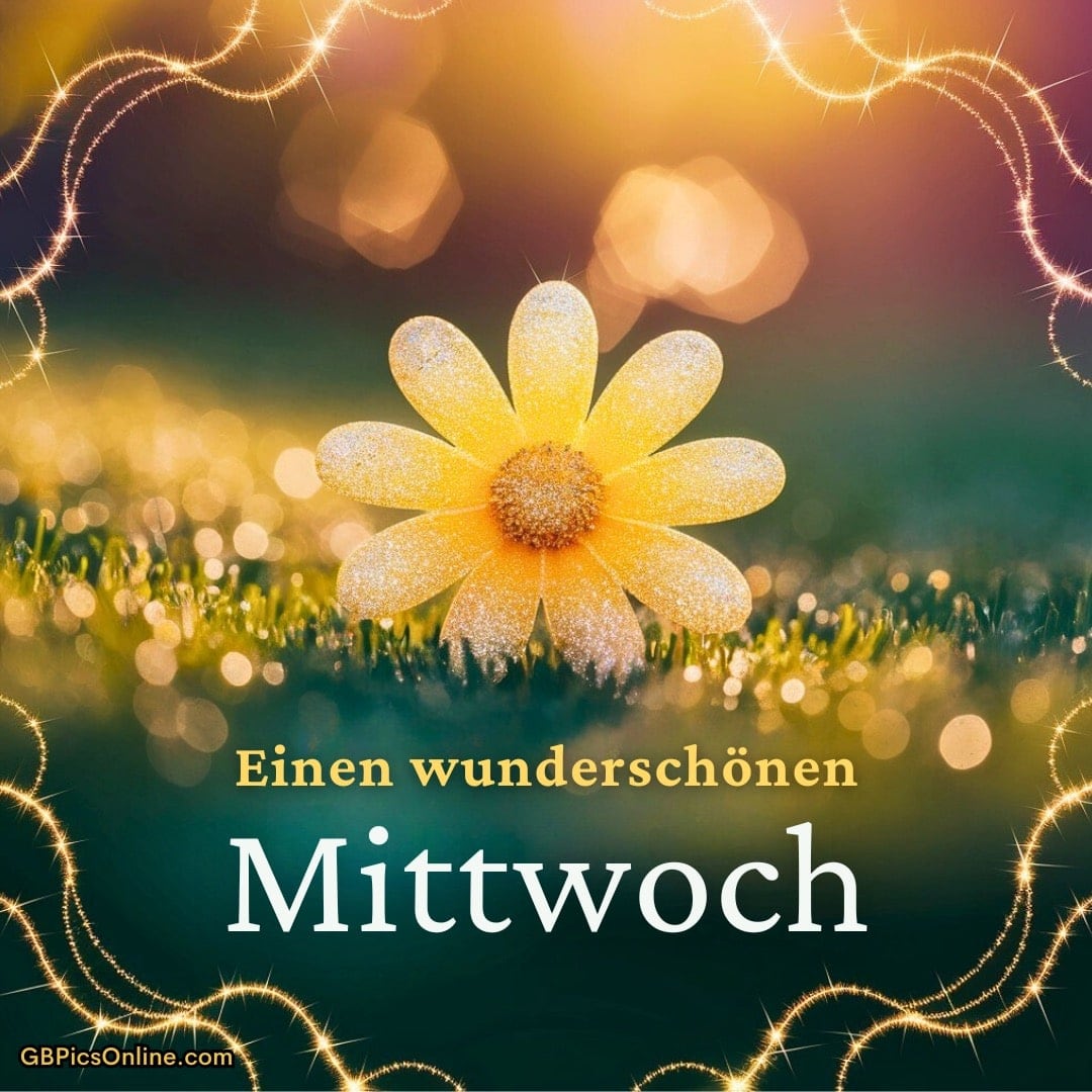 Gelbe Blume im funkelnden Morgentau, Schriftzug: „Einen wunderschönen Mittwoch“