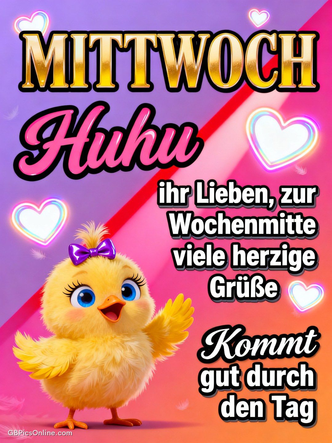 Buntes Mittwoch-Grußmotiv mit Herzen und einem süßen gelben Küken mit lila Schleife