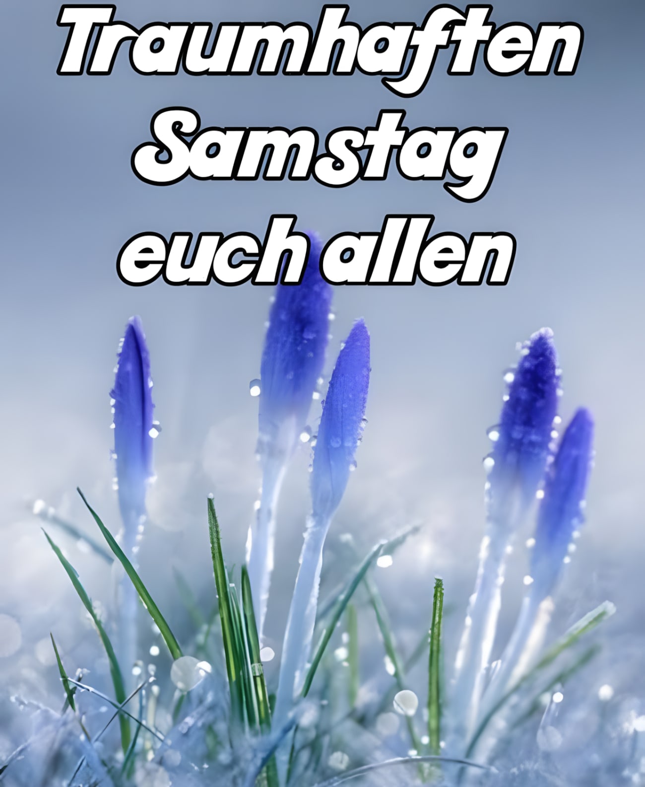 Blumen im Morgentau mit der Aufschrift „Traumhaften Samstag euch allen“