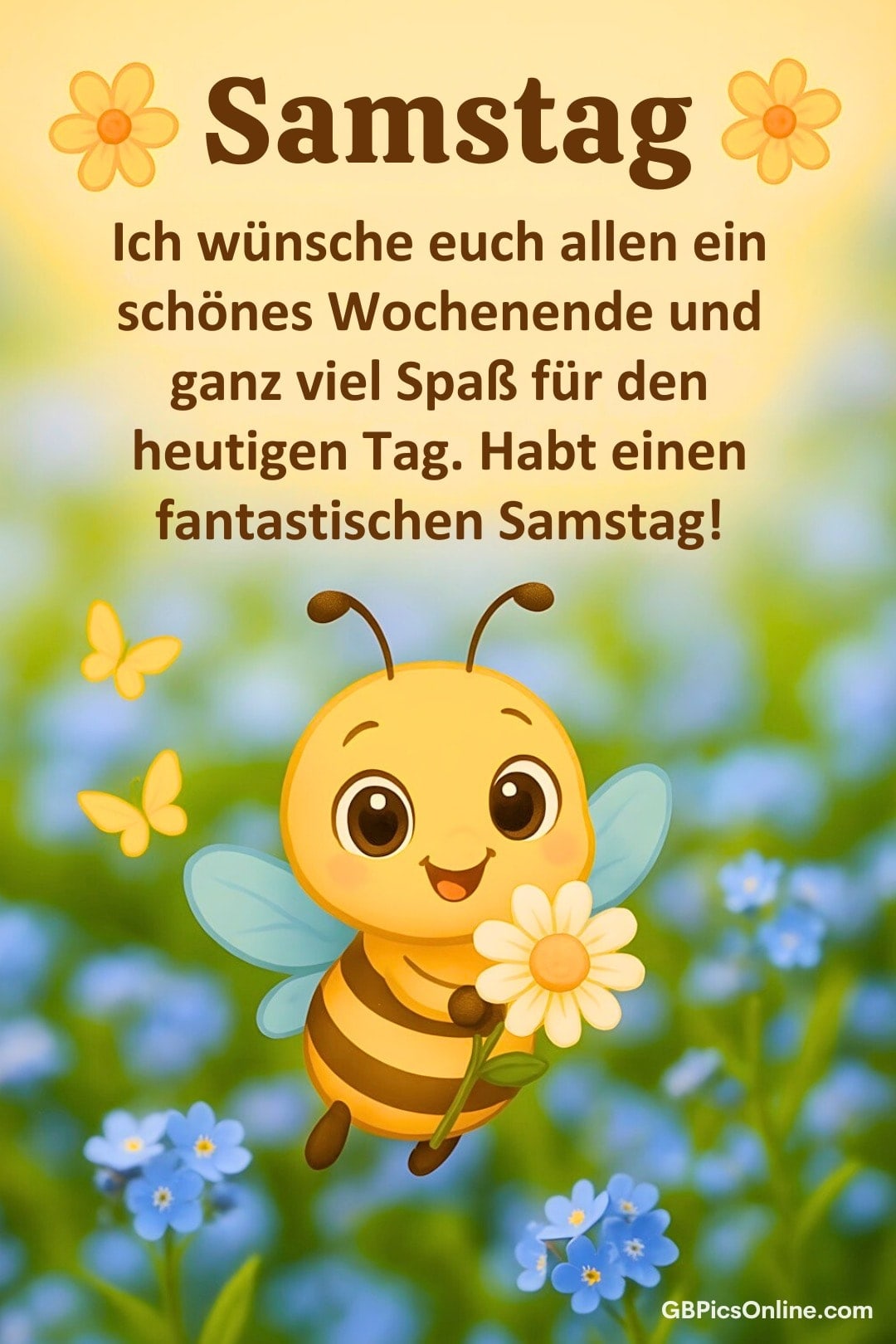 Eine fröhliche Biene hält eine Blume, umgeben von einem blühenden Garten
