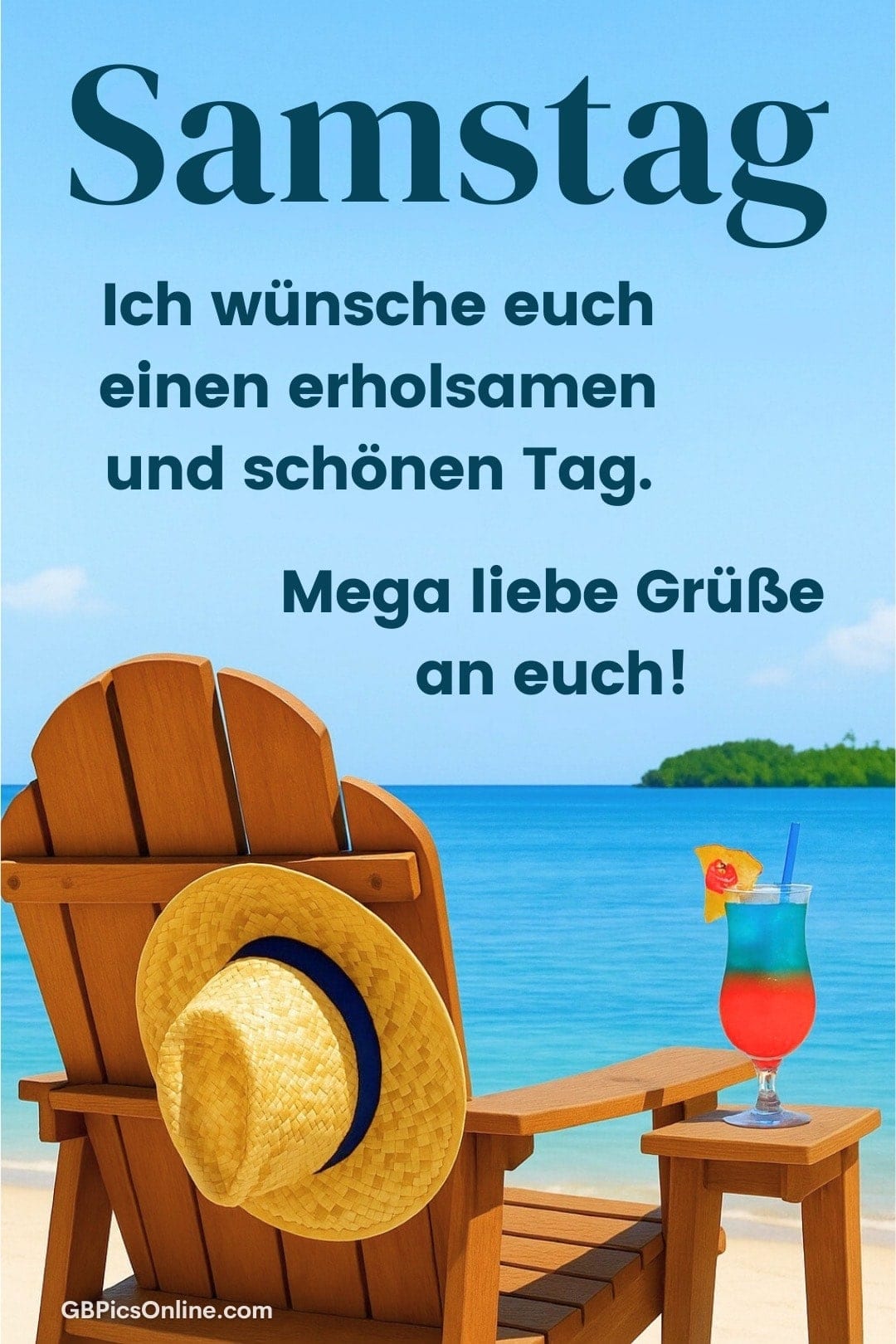 Stuhl und Strohhut am Strand, daneben ein Cocktail