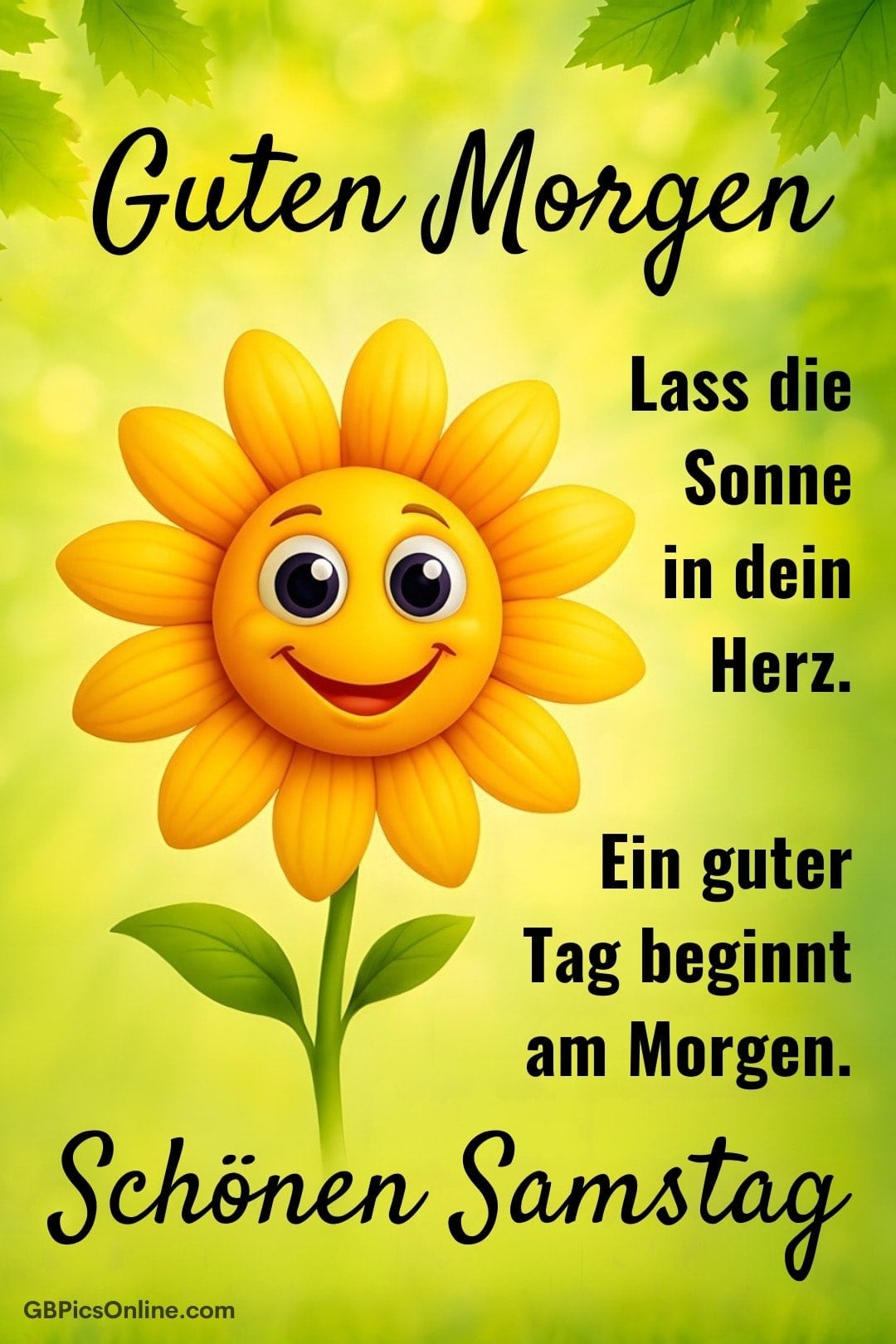 Eine lächelnde Sonnenblume wünscht einen „Guten Morgen“ und einen „Schönen Samstag“