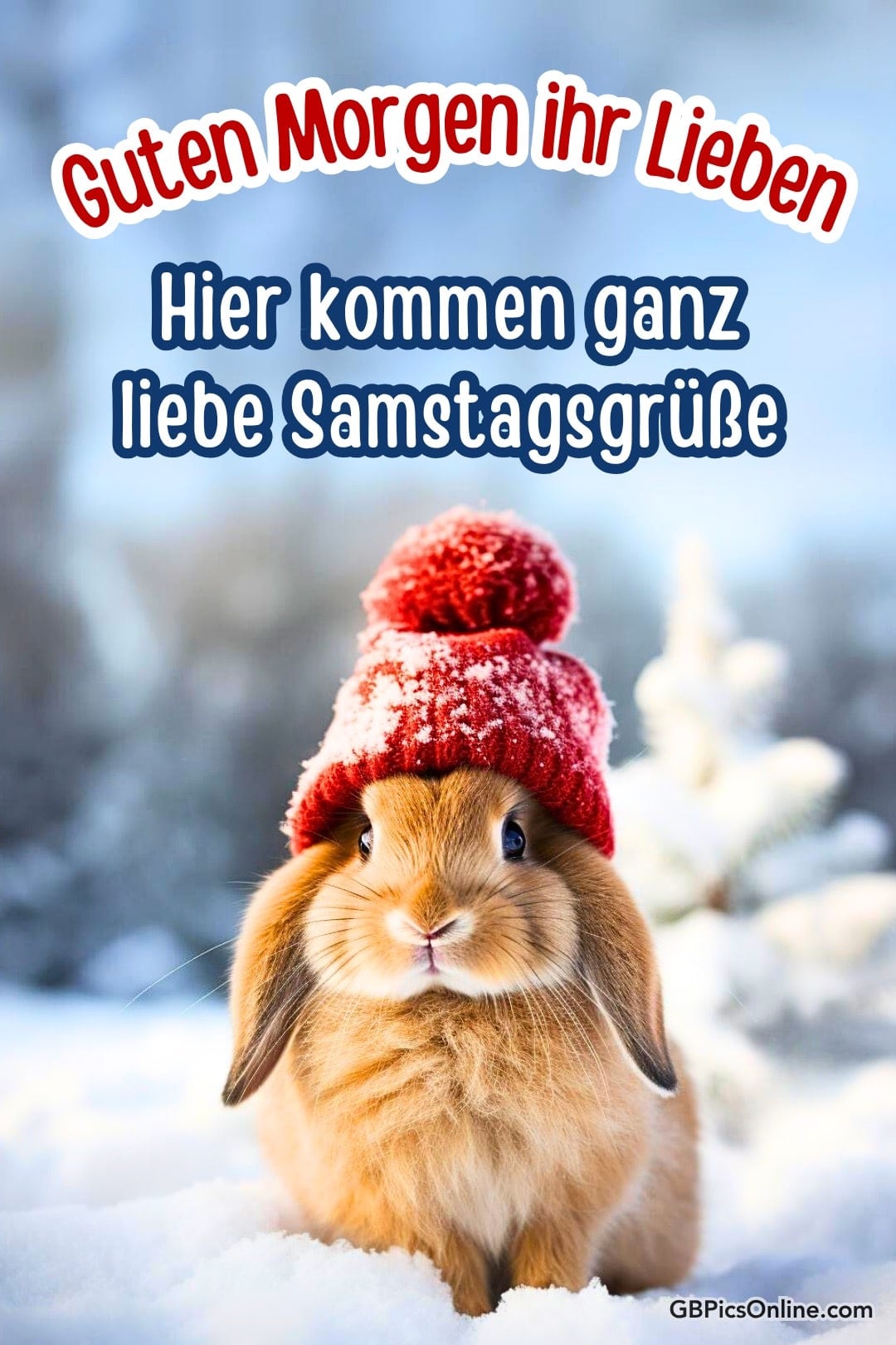 Ein süßes Kaninchen mit roter Mütze sitzt im Schnee