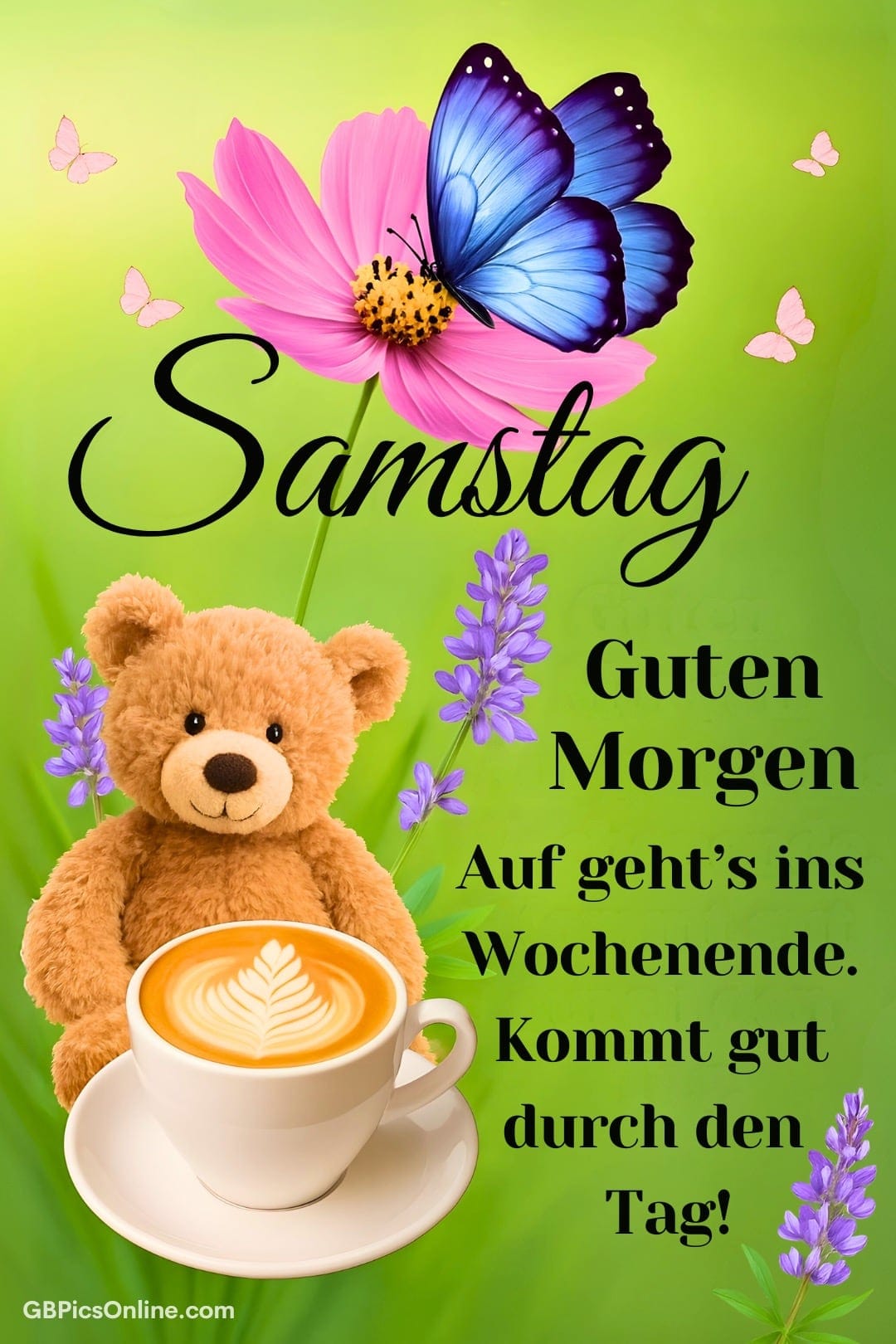 Ein fröhliches Morgenmotiv mit Schmetterling, Blumen und Teddybär