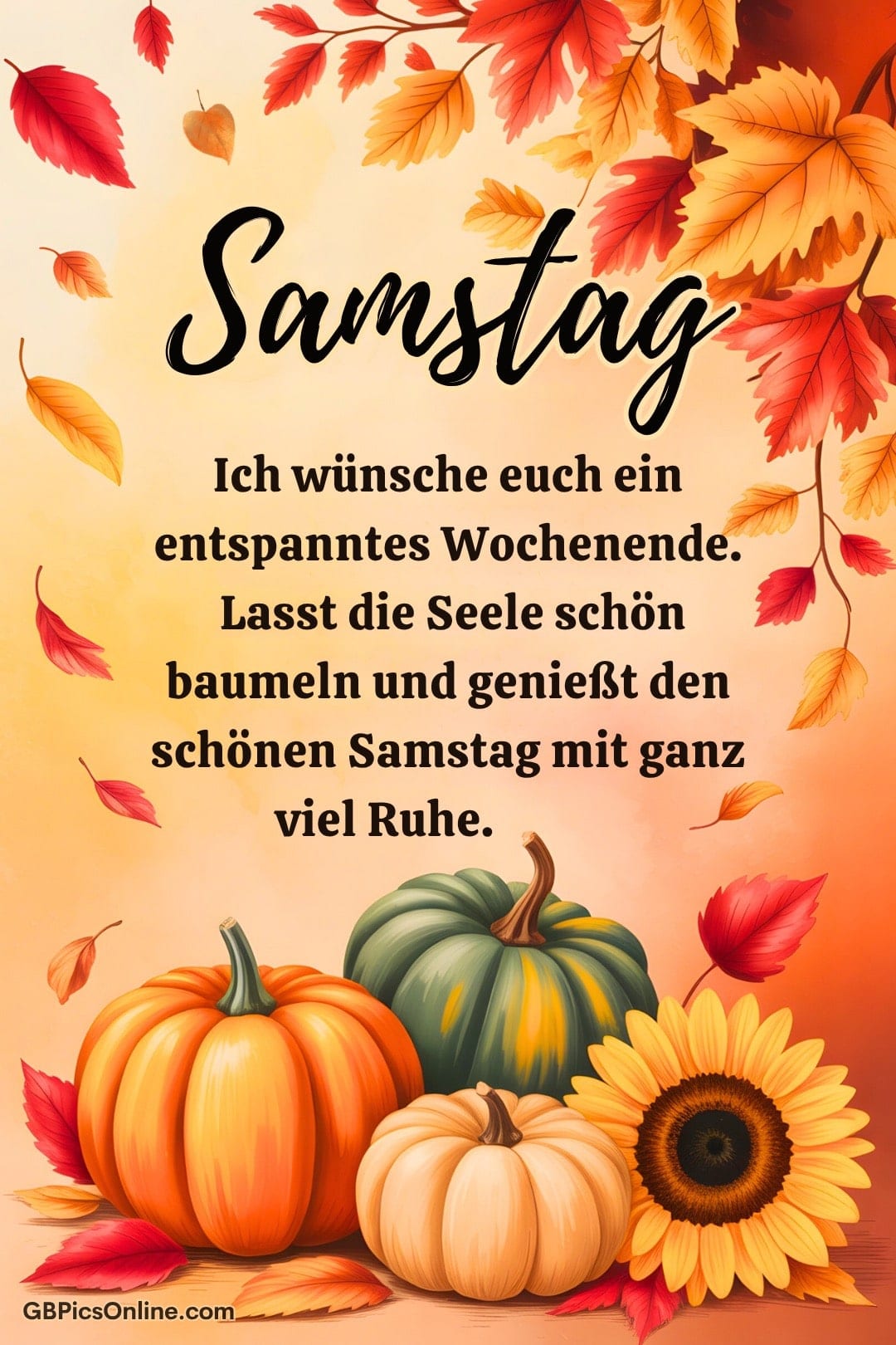 Herbstliche Grafik mit Kürbissen, fallenden Blättern und Wünschen für einen entspannten Samstag