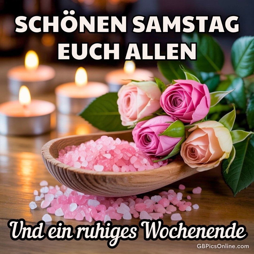 Rosen, Teelichter und rosa Badesalz mit dem Text: Schönen Samstag euch allen und ein ruhiges Wochenende
