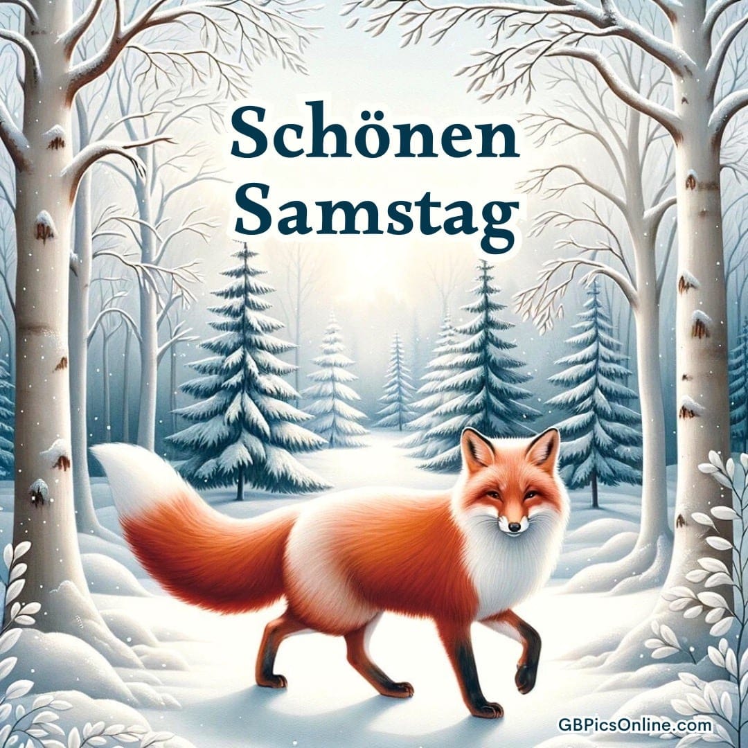 Roter Fuchs im verschneiten Winterwald, darüber der Schriftzug „Schönen Samstag“