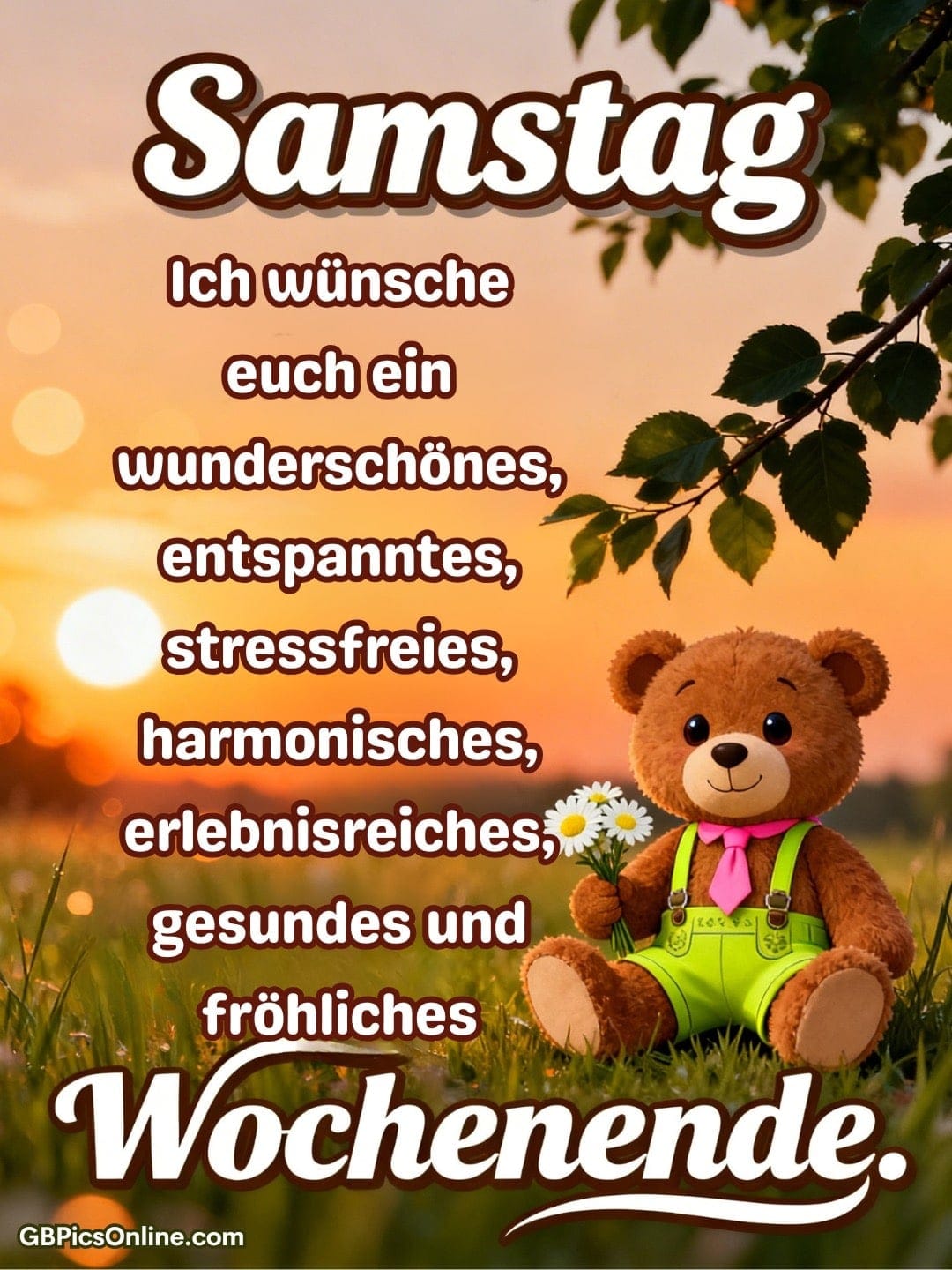 Teddybär mit Blumen im Gras bei Sonnenuntergang, dazu Grußtext für Samstag und ein schönes Wochenende