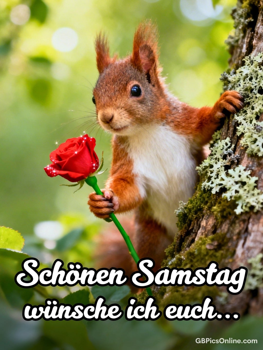 Niedliches Eichhörnchen am Baum hält eine rote Rose, darunter Grußtext für Samstag