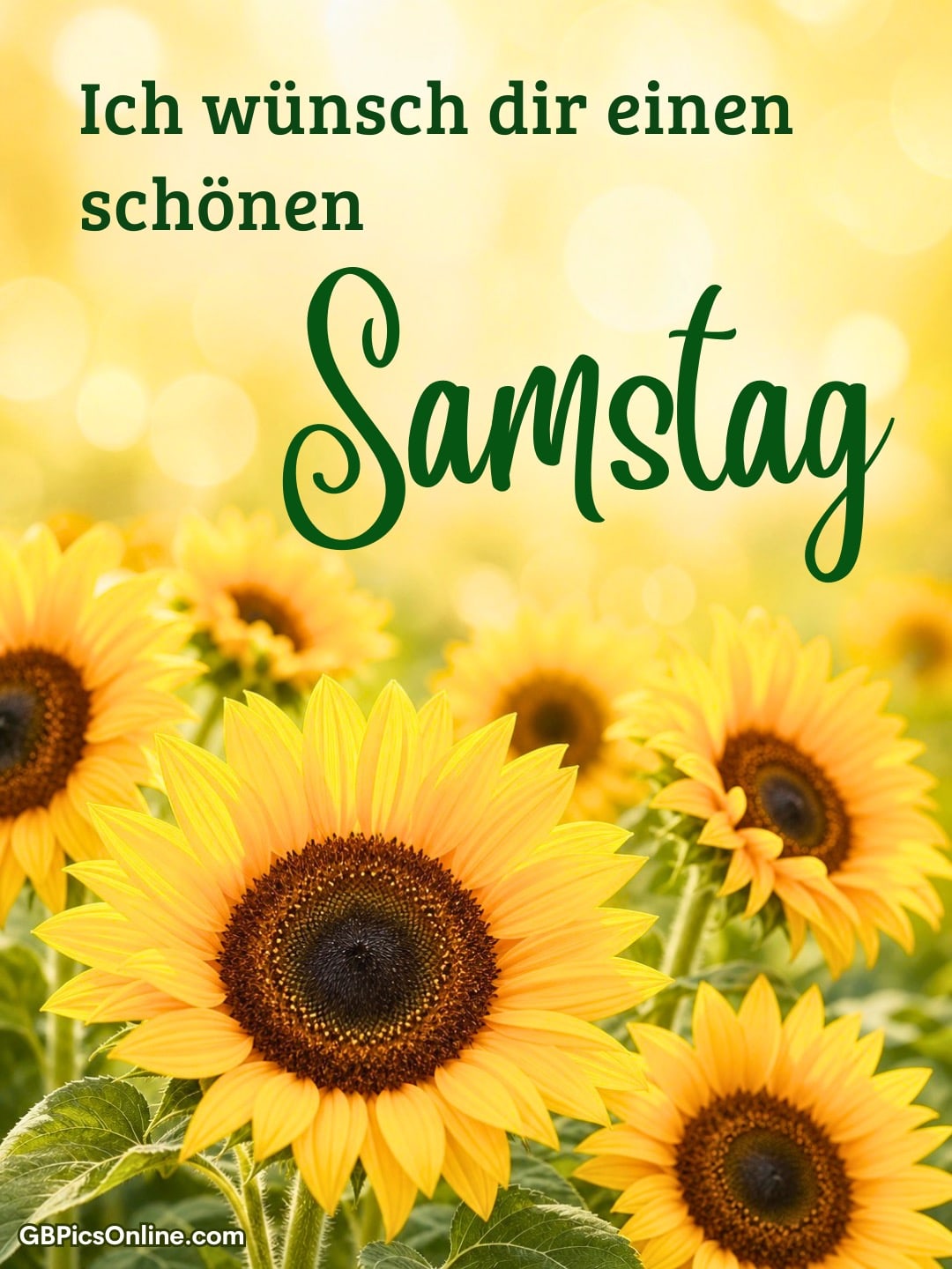Sonnenblumen vor warmem, unscharfem Hintergrund mit Grußtext „Ich wünsch dir einen schönen Samstag“