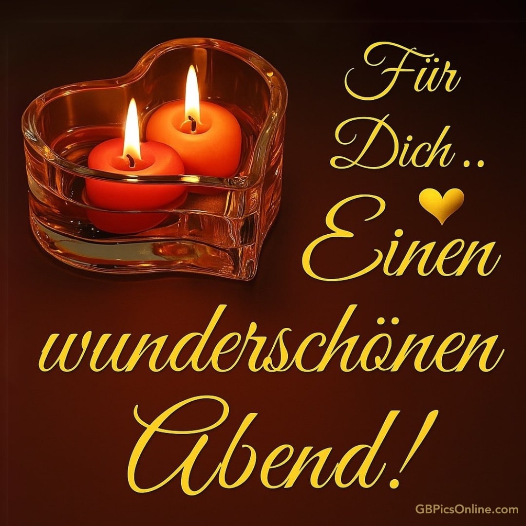 Zwei brennende Kerzen in einem herzförmigen Glas mit der Aufschrift „Für Dich... Einen wunderschönen Abend!“