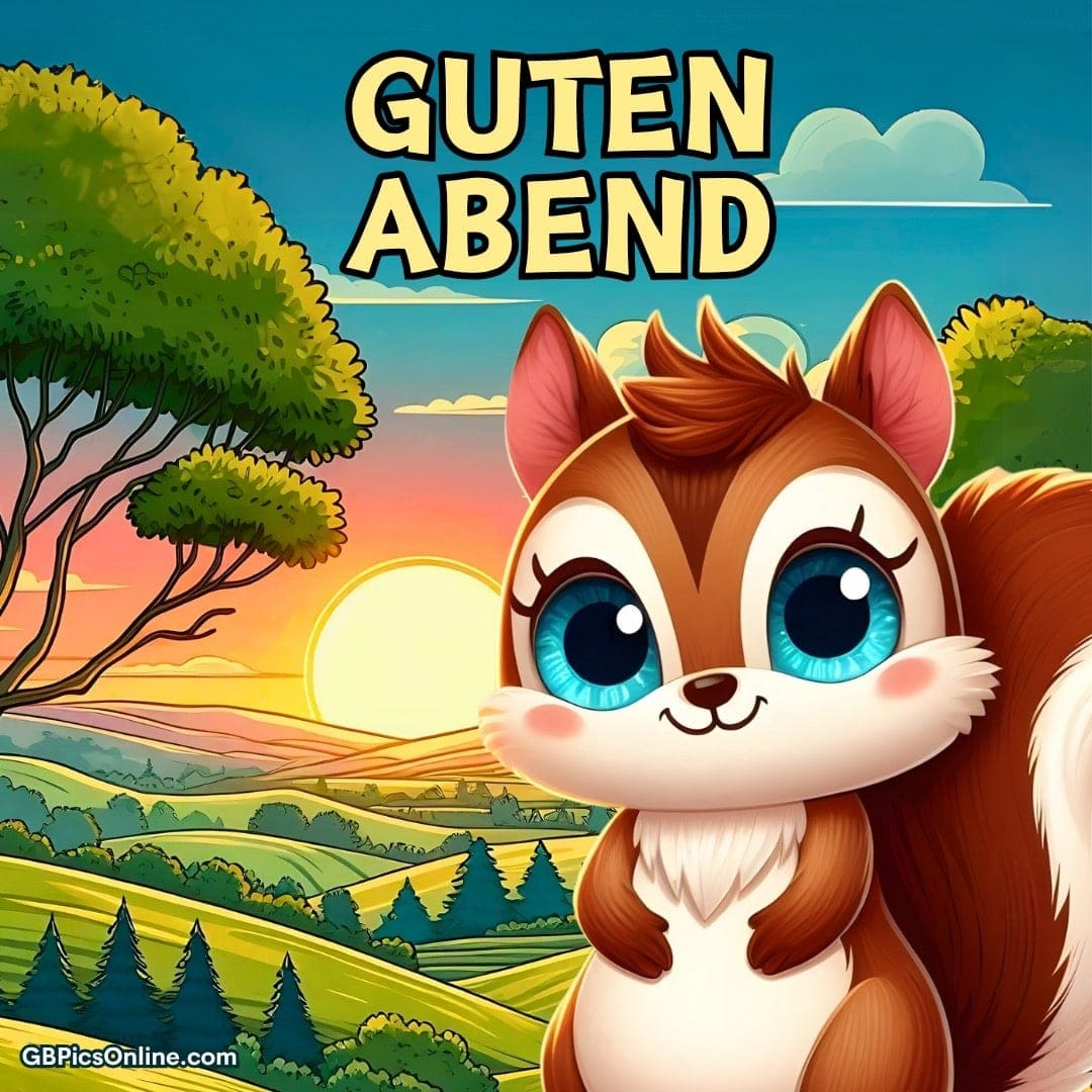 Ein niedliches Eichhörnchen steht vor einer malerischen Landschaft mit Sonnenuntergang und dem Text „Guten Abend“