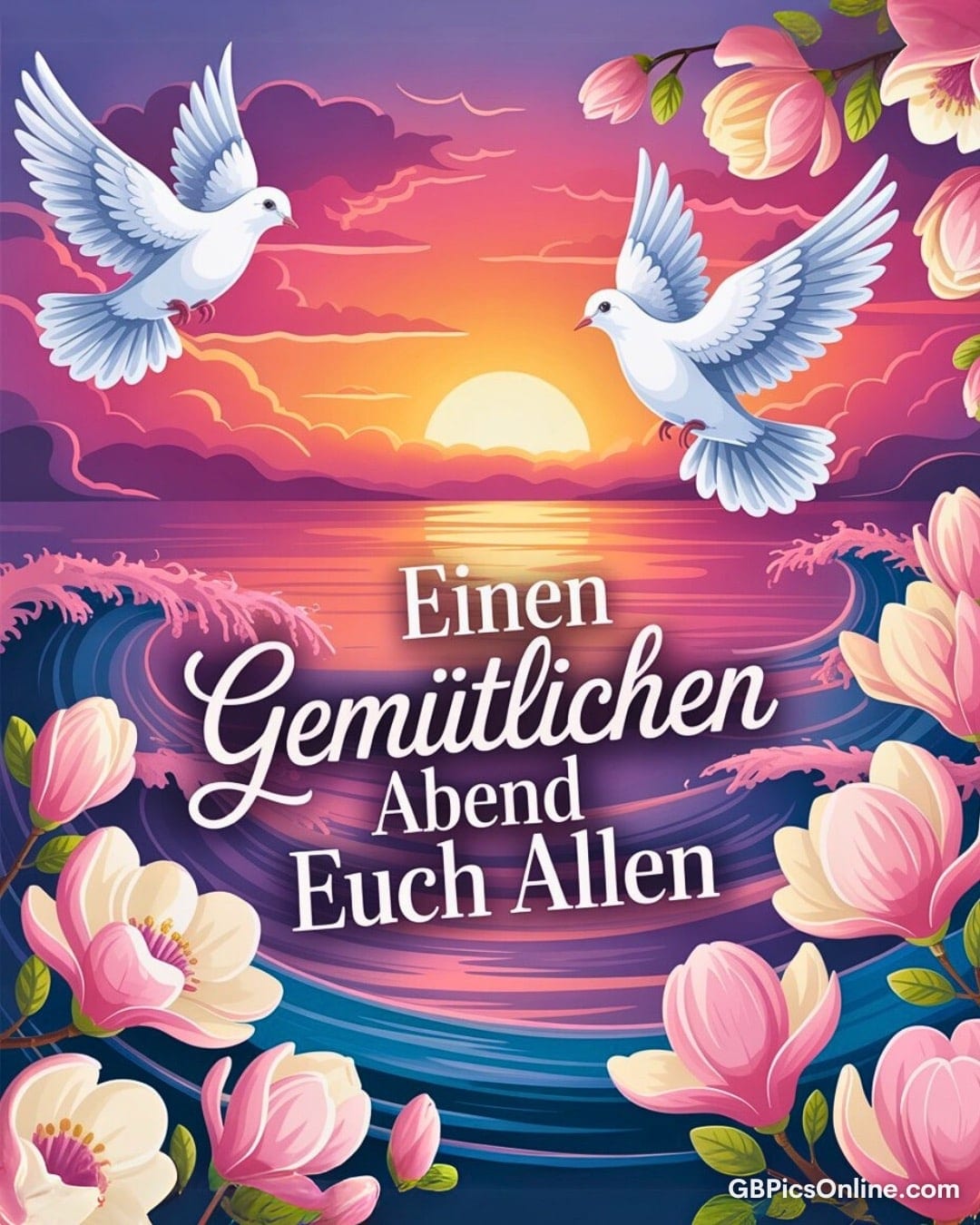 Zwei weiße Tauben fliegen über ein Meer bei Sonnenuntergang, umgeben von rosa Blüten und bunten Wolken