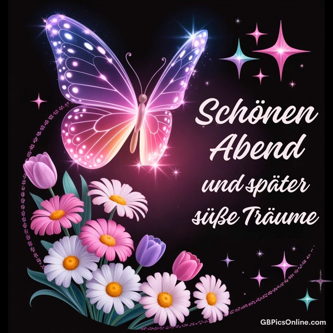 Leuchtender Schmetterling und bunte Blumen mit Glitzersternen