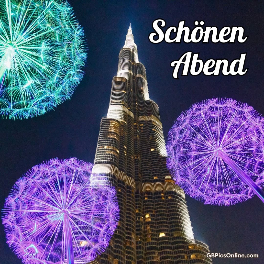 Burj Khalifa bei Nacht, umgeben von leuchtenden Pusteblumen-Lichtinstallationen in Türkis und Violett.