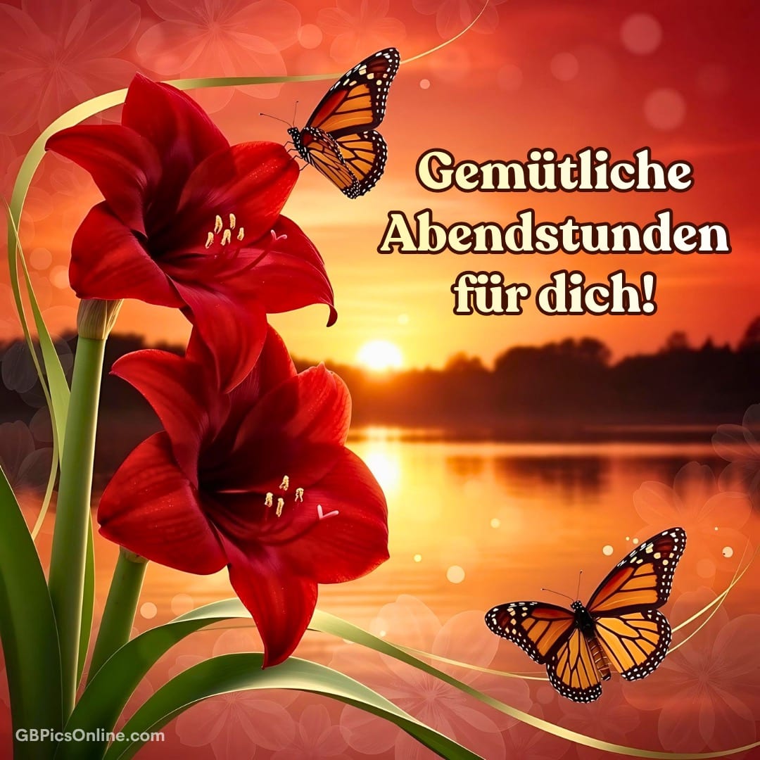 Rote Amaryllisblüten mit zwei Schmetterlingen vor Sonnenuntergang am See, mit Grußtext