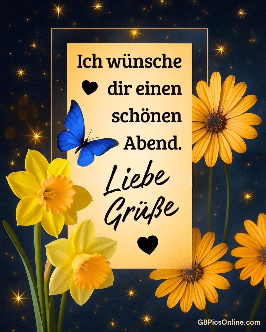 Grußkarte mit Blumen, blauem Schmetterling und Sternen; Text wünscht einen schönen Abend und Grüße