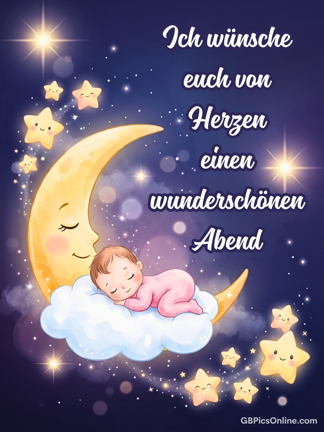 Schlafendes Baby auf Wolke neben lächelndem Mond, umgeben von funkelnden Sternen und Grußtext