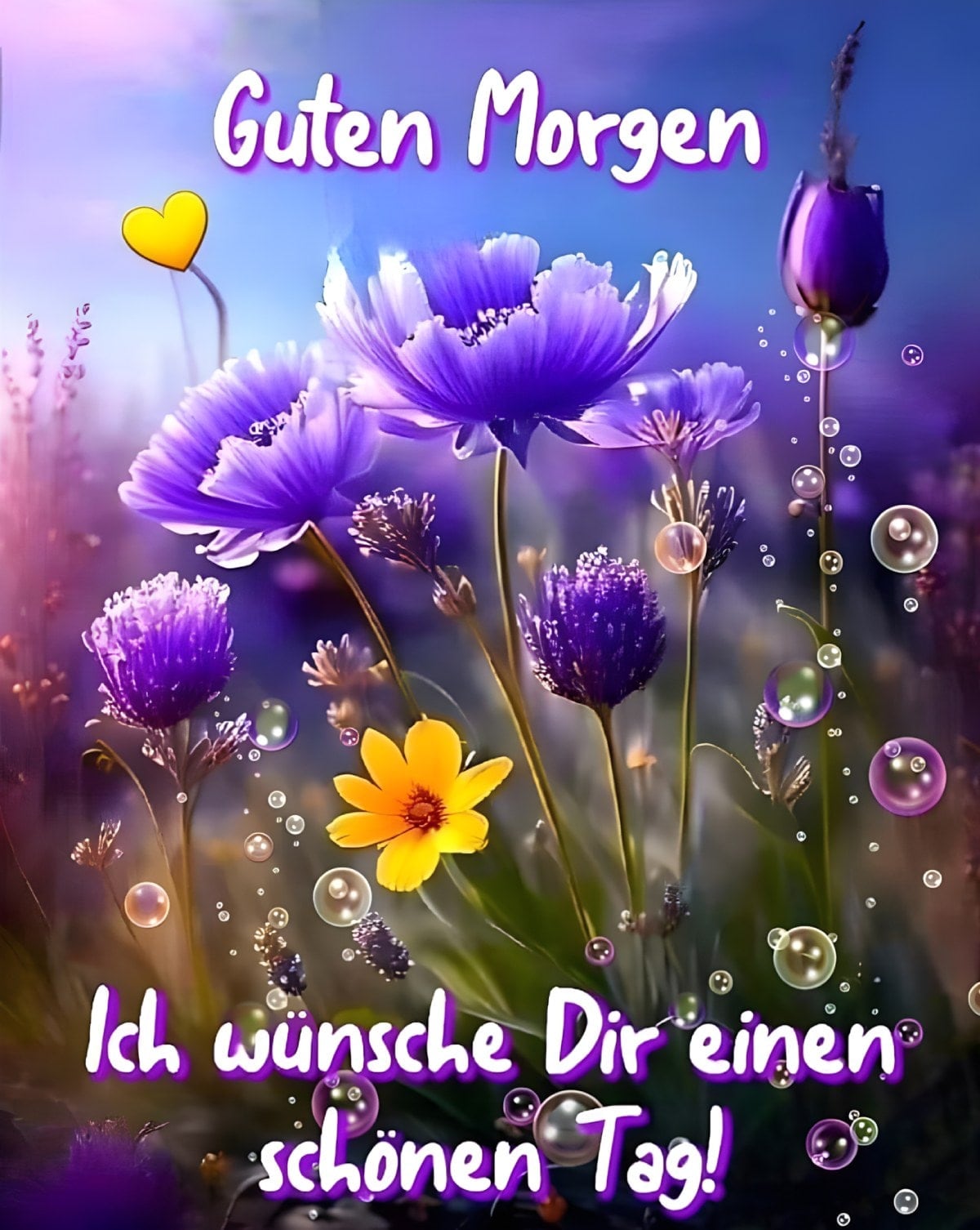 Bunte Blumen mit „Guten Morgen“ und Wünschen für einen schönen Tag