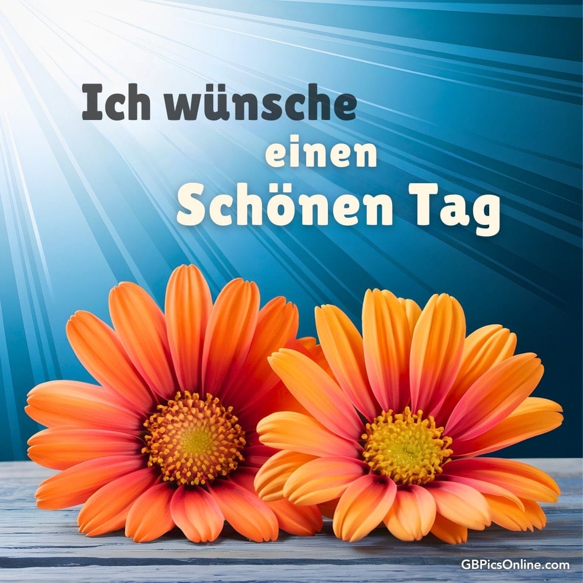 Zwei leuchtende Blumen mit Wunsch für einen schönen Tag auf blauem Hintergrund