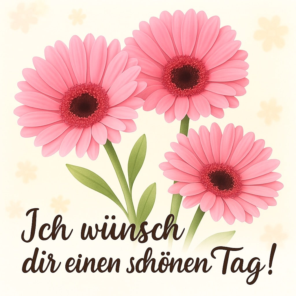 Rosa Gerbera-Blumen mit der Botschaft „Ich wünsch dir einen schönen Tag!“