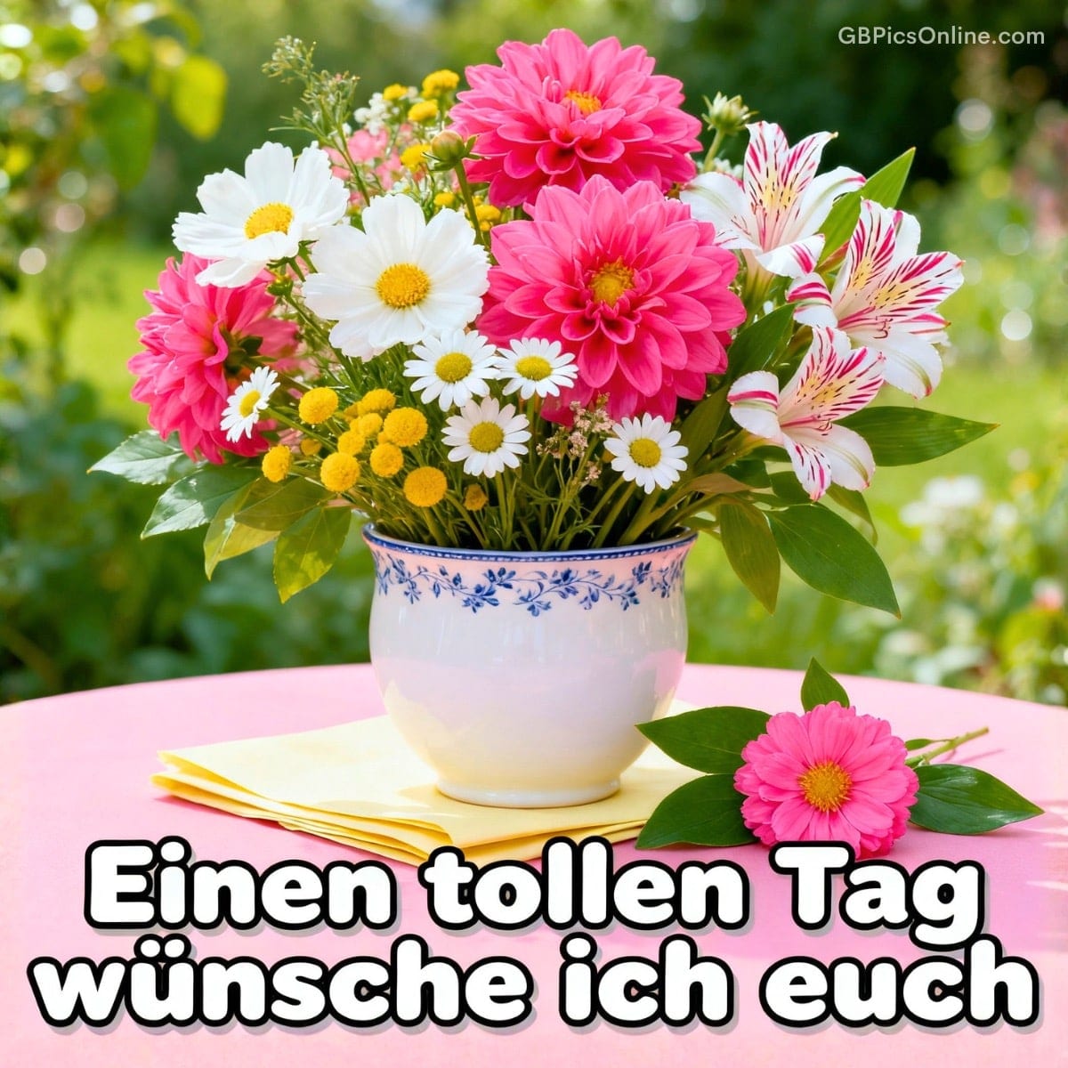 Bunter Blumenstrauß in Vase auf rosa Tisch, mit Grußtext unten