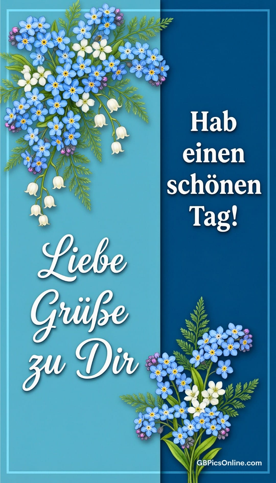 Blauer Gruß mit Vergissmeinnicht und Maiglöckchen, dazu liebe Wünsche für einen schönen Tag