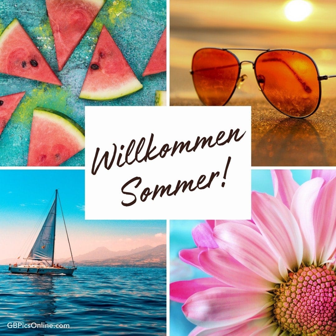 Wassermelone, Sonnenbrille, Segelboot und Blume mit „Willkommen Sommer!“ Text
