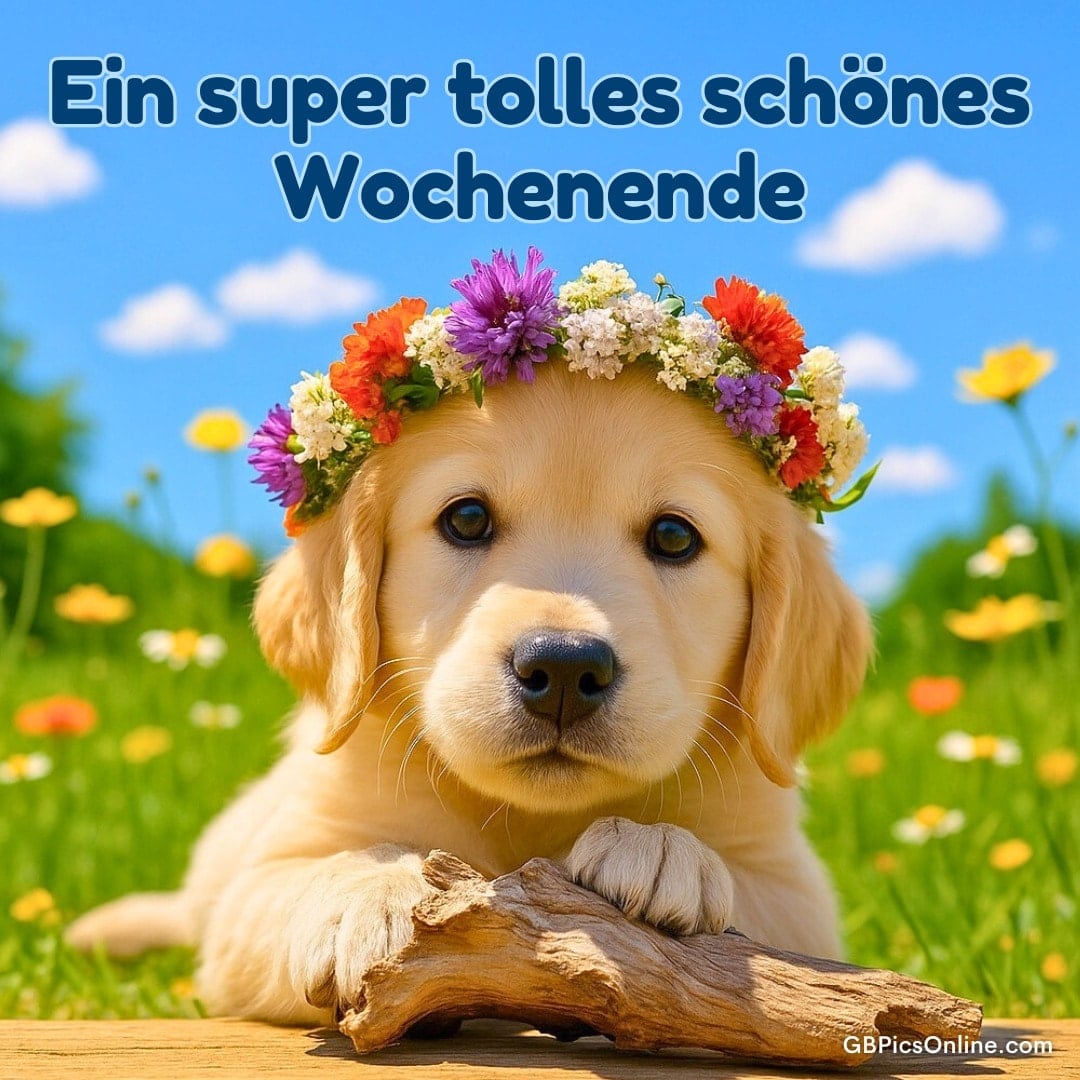 Ein niedlicher Hundewelpe mit Blumenkranz liegt auf einer Wiese. Im Hintergrund blauer Himmel und bunte Blumen