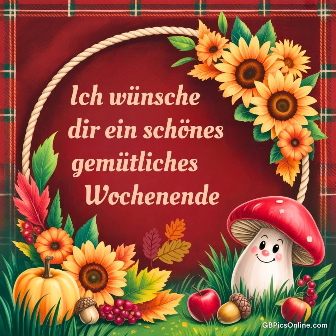 Ich wünsche dir ein schönes gemütliches Wochenende. Bunte Herbstdekoration mit Pilzfigur und dem Wunsch nach einem schönen Wochenende