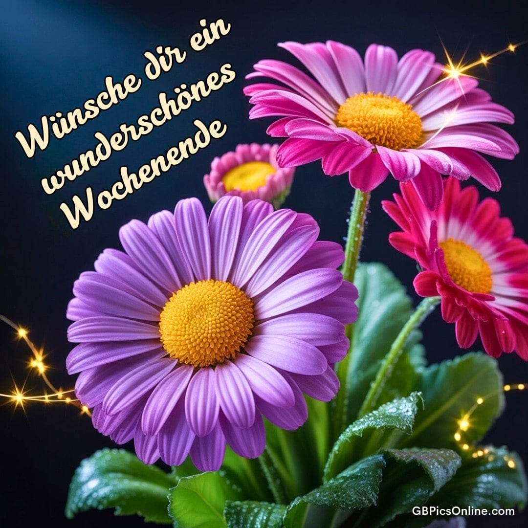 Bunte Gänseblümchen mit goldenem Schriftzug: „Wünsche dir ein wunderschönes Wochenende“ auf dunklem Hintergrund