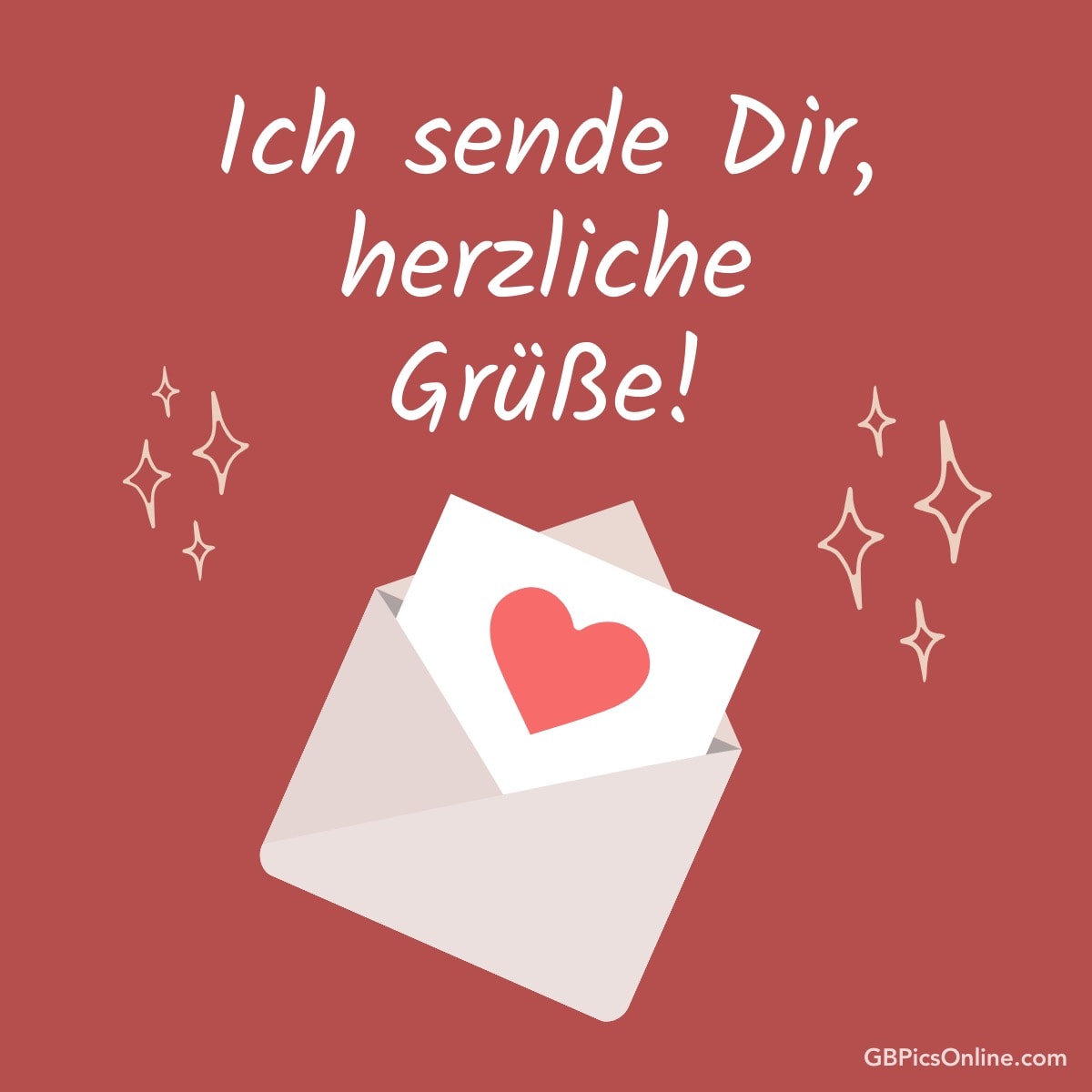 Ein Umschlag mit einem Herz, umgeben von Sternen, und der Text „Ich sende Dir, herzliche Grüße!“