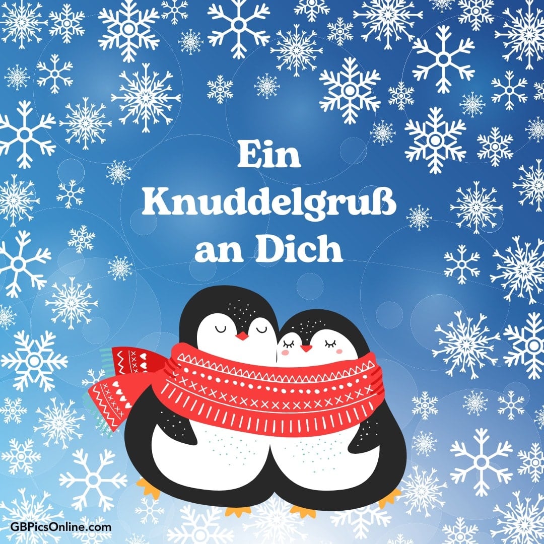 Zwei Pinguine umarmen sich vor Schneeflockenhintergrund mit dem Text „Ein Knuddelgruß an Dich“