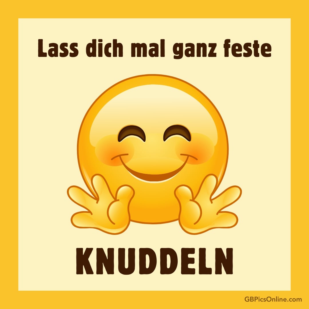 Gelber Smiley mit geschlossenen Augen und offenen Armen neben dem Wort „KNUDDELN“